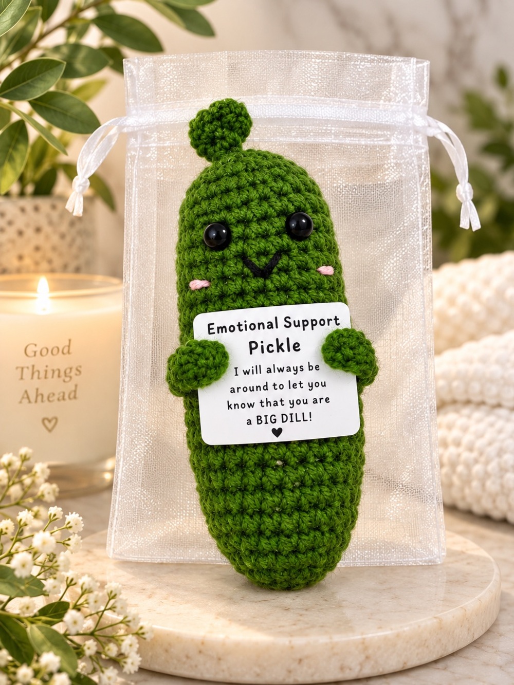 Emotional Support Pickle Crochet Plush 🥒 Cute Gift + Organza Bag